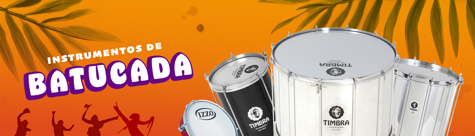 Instrumentos de batucada como surdos, repiniques y tamborines en un fondo tropical naranja, representando la música y percusión brasileña